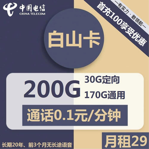电信白山卡29元包170G通用+30G定向+通话0.1元/分钟
