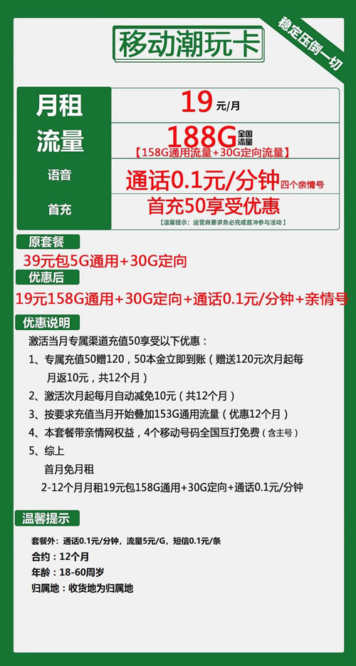 移动潮玩卡19元月租包158G通用+30G定向
