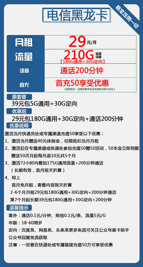 电信黑龙卡29元月租包180G通用+30G定向+200分钟通话