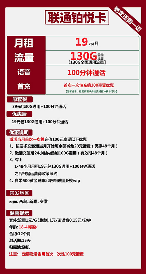 联通铂锐卡19元月租包130G通用+100分钟通话