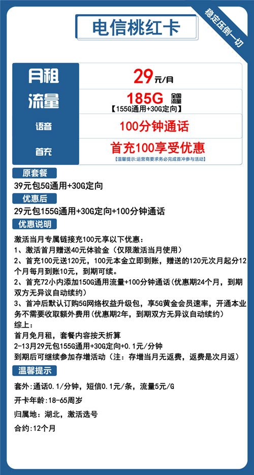 电信桃红卡29元月租包155G通用+30G定向+100分钟通话