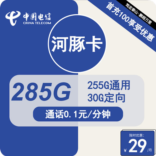电信河豚卡29元月租包255G通用+30G定向 流量结转