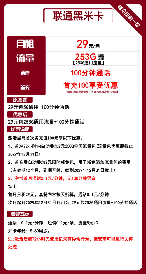 联通黑米卡29元月租包253G通用+100分钟通话