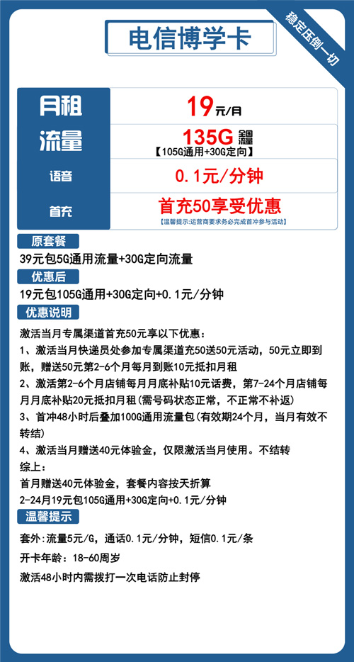 电信博学卡19元月租包105G通用+30G定向