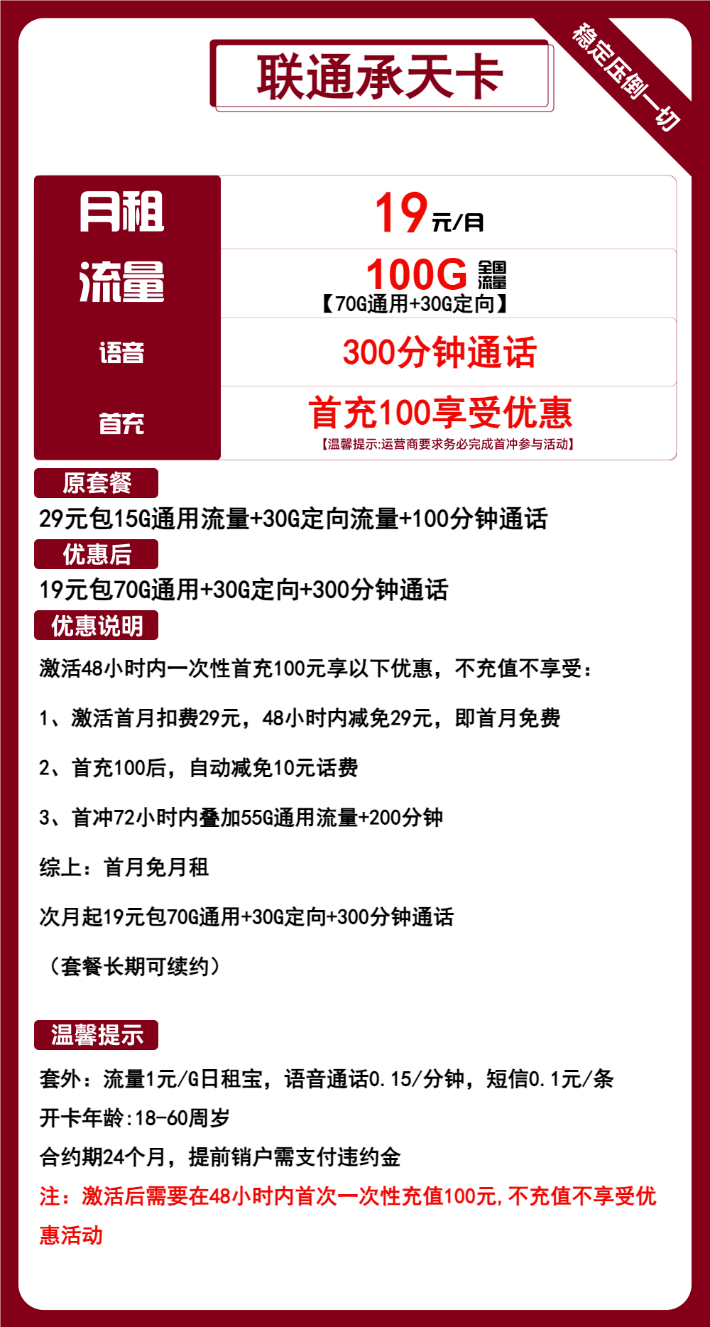 联通承天卡19元月租包70G通用+30G定向+300分钟通话