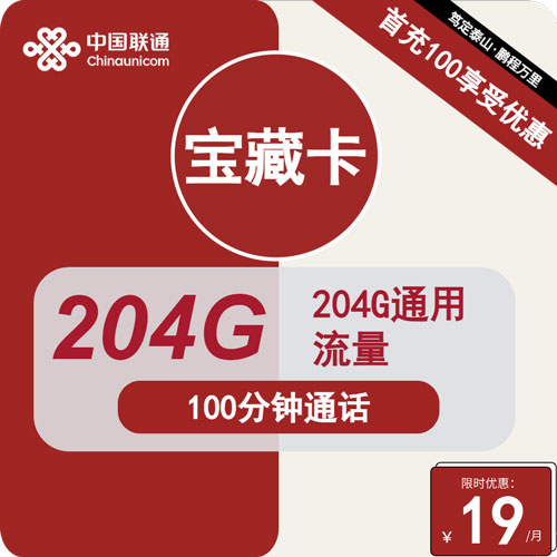 联通宝藏卡19元月租包204G通用+100分钟通话