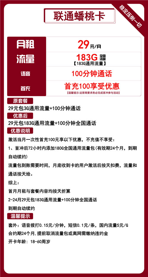 联通蟠桃卡29元月租包183G通用+100分钟通话
