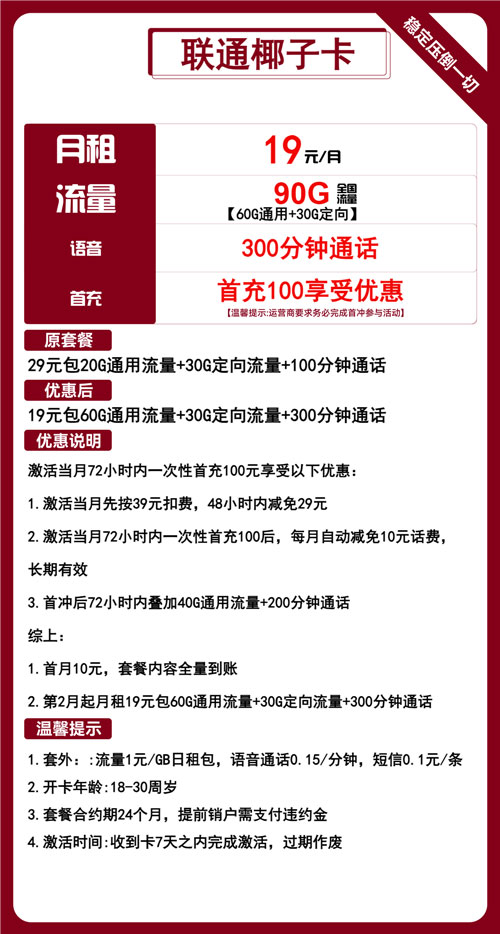 联通椰子卡19元月租包60G通用+30G定向+300分钟通话
