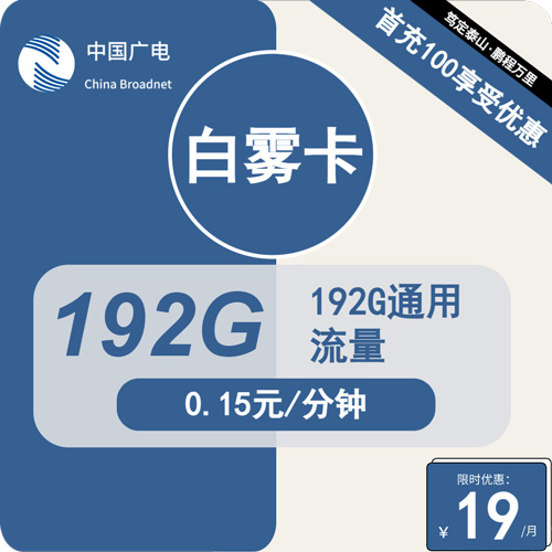 广电白雾卡19元月租包192G通用+可选号收货地即归属地