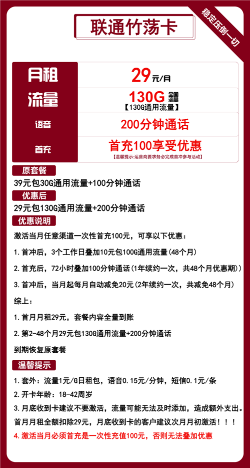 联通竹荡卡29元月租包130G通用+200分钟通话