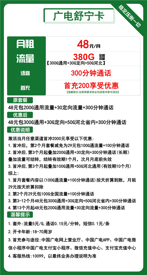 广电舒宁卡48元月租包380G通用+300分钟通话