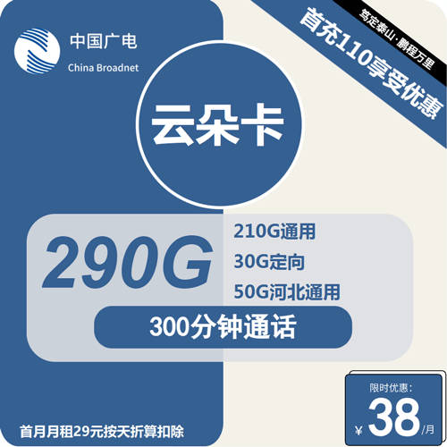 广电云朵卡38元月租包290G通用+300分钟通话