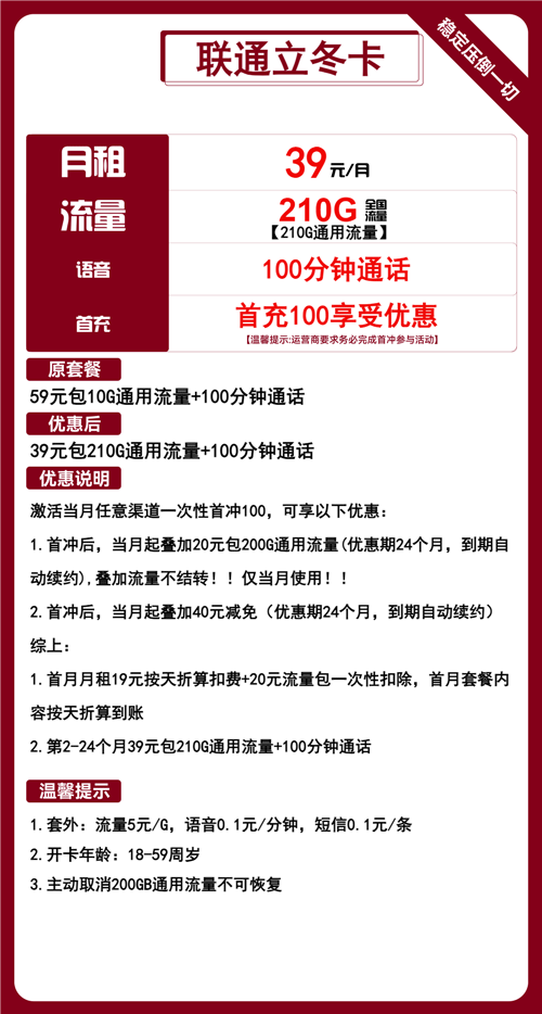 联通立冬卡39元月租包210G通用+100分钟通话