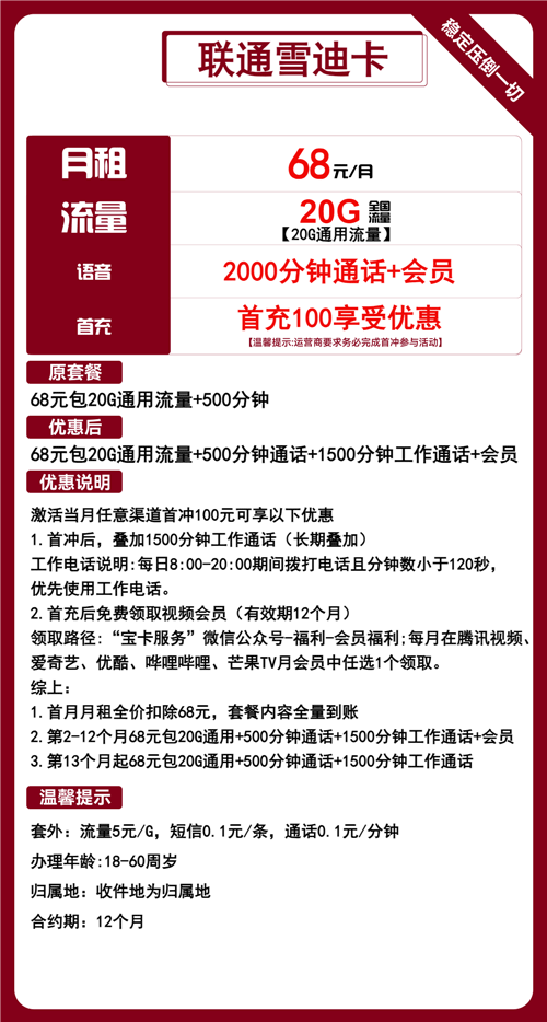 联通雪迪卡68元月租包20G通用+2000分钟通话+会员权益