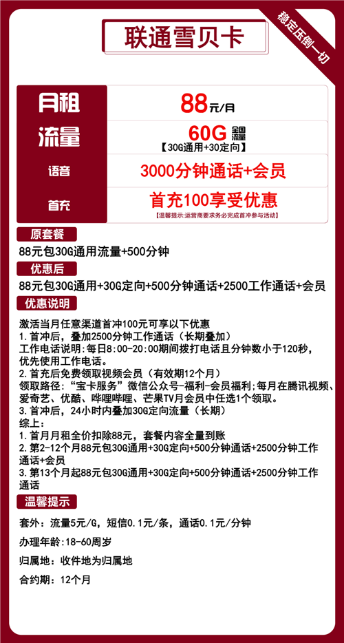 联通雪贝卡88元月租包30G通用+30G定向+3000分钟通话+会员权益