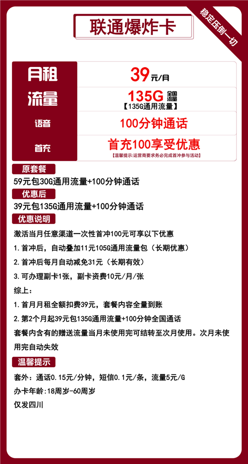 联通爆炸卡39元月租包135G通用+100分钟通话