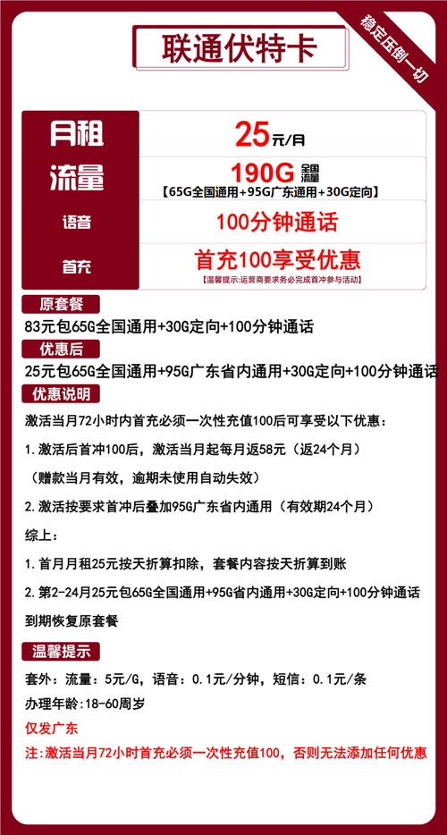 联通伏特卡25元月租包65G通用+95G广东通用+30G定向+100分钟通话