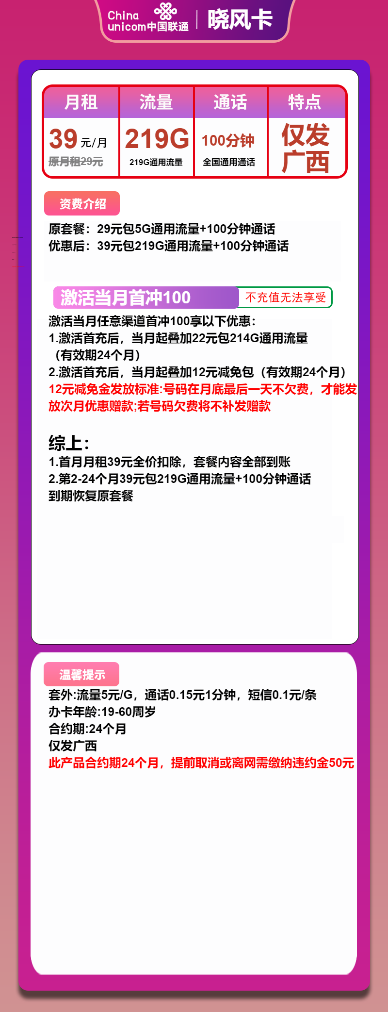 联通晓风卡39元月租包219G通用+100分钟通话