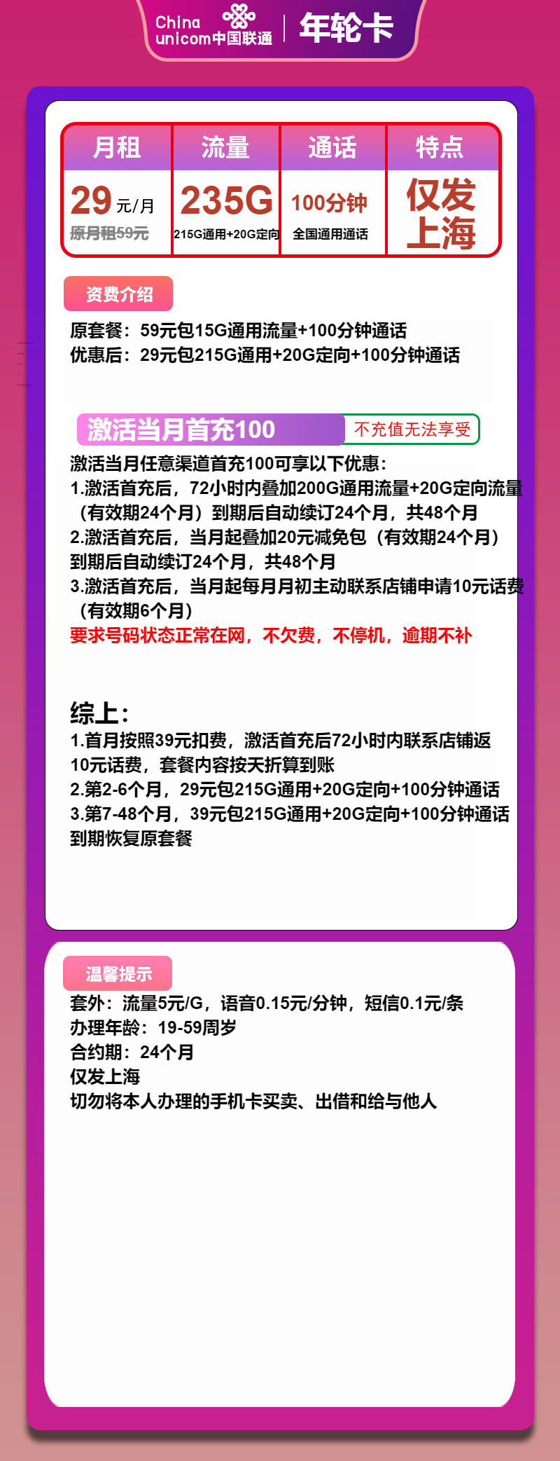 联通年轮卡29元月租包215G通用+20G定向+100分钟通话