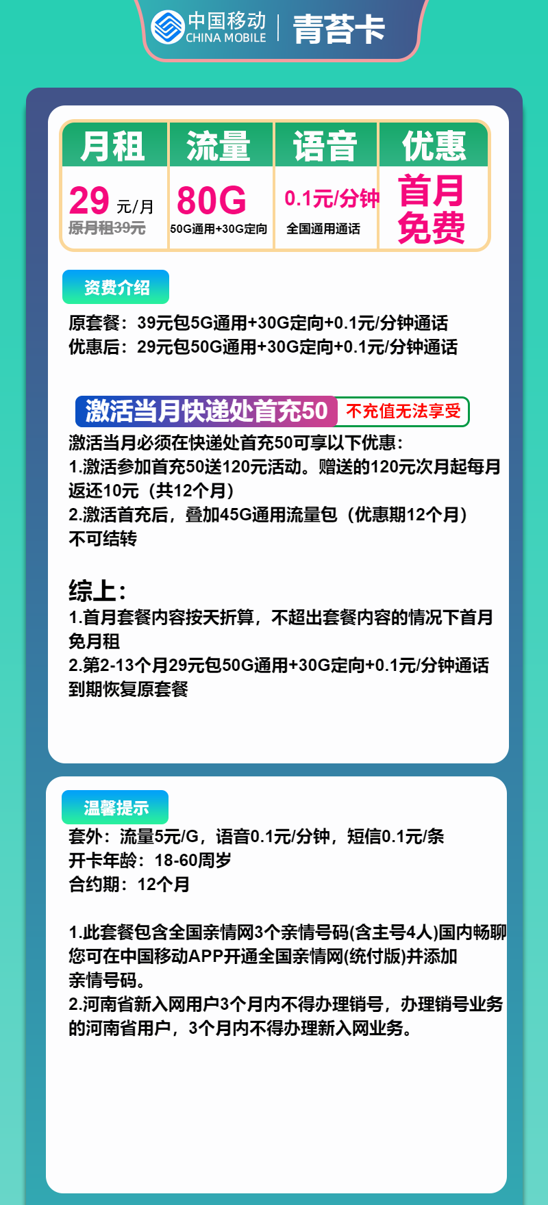 移动青苔卡29元月租包50G通用+30G定向