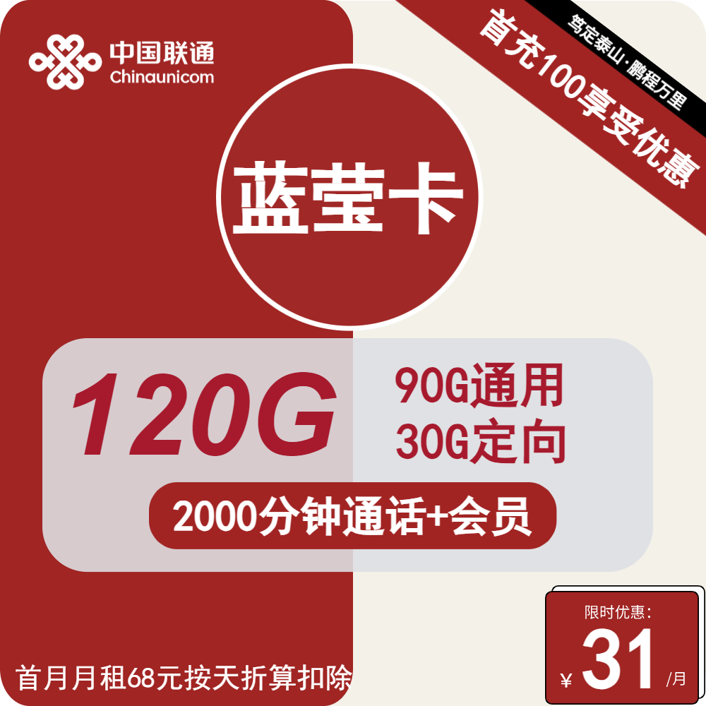 联通蓝莹卡31元月租包90G通用+30G定向+100分钟通话+会员