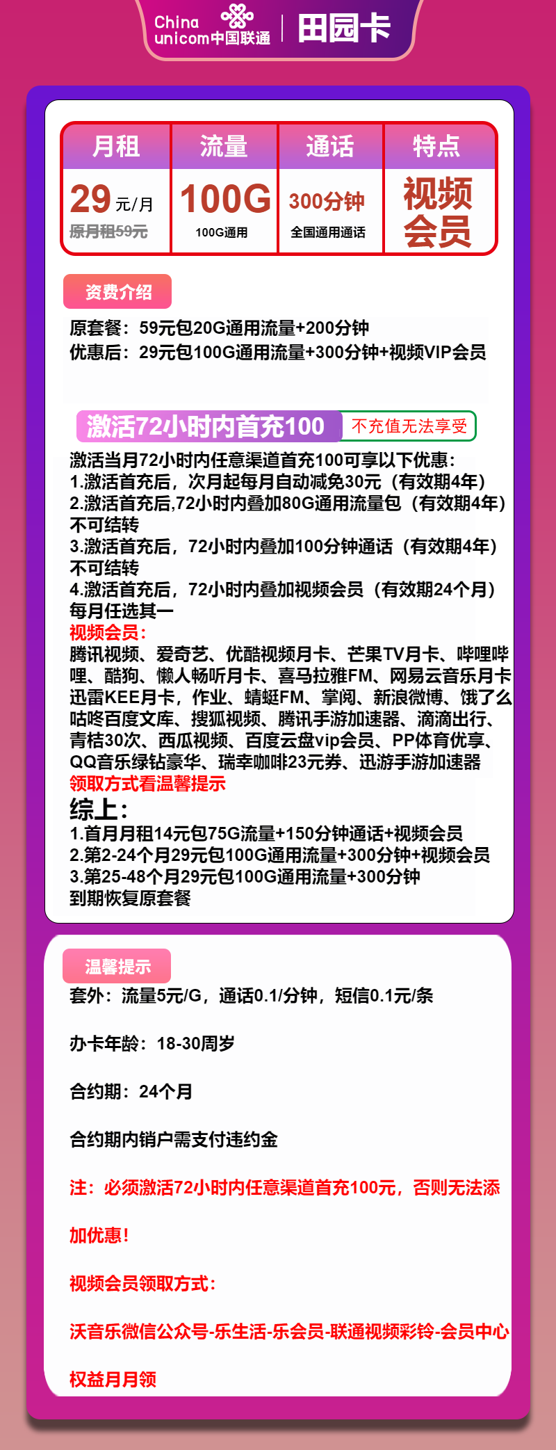 联通田园卡29元月租包100G通用+300分钟通话+会员权益