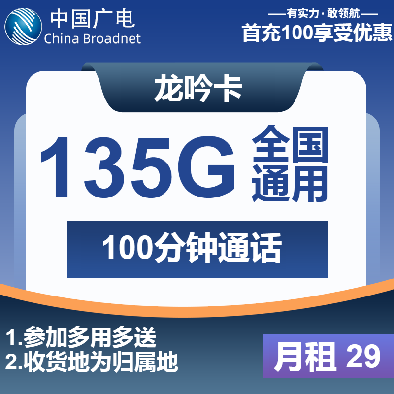 广电龙吟卡29元月租包135G通用+100分钟通话