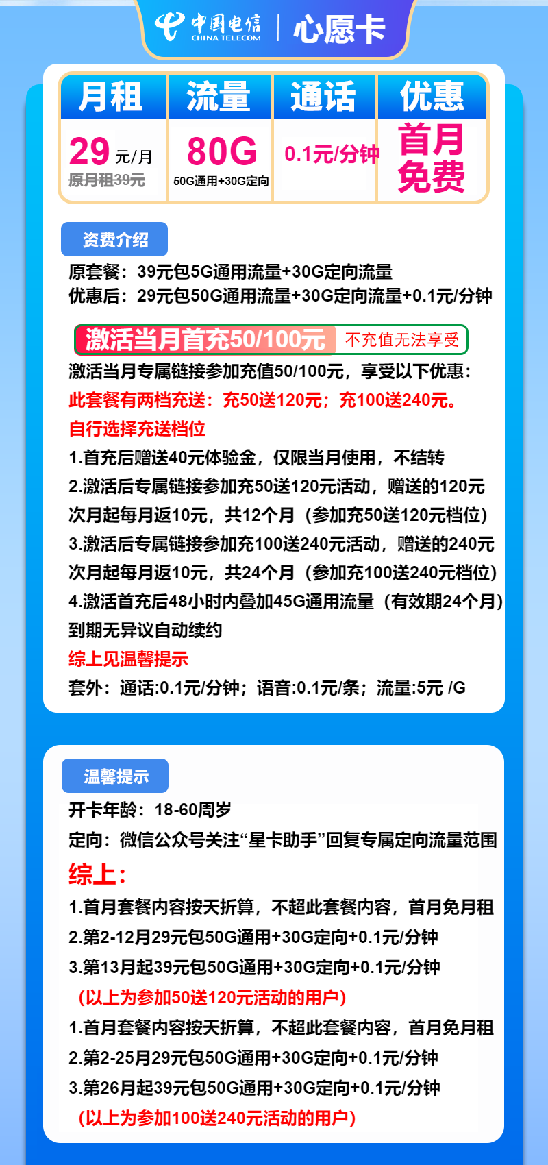 电信心愿卡29元月租包50G通用+30G定向
