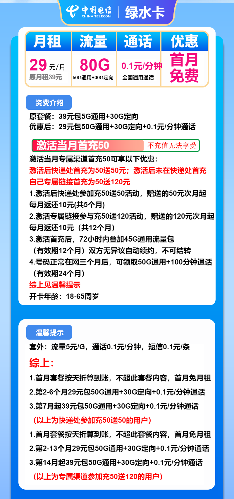 电信绿水卡29元月租包50G通用+30G定向