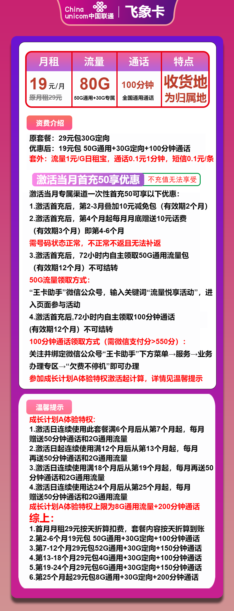 联通飞象卡19元月租包50G通用+30G定向+100分钟通话