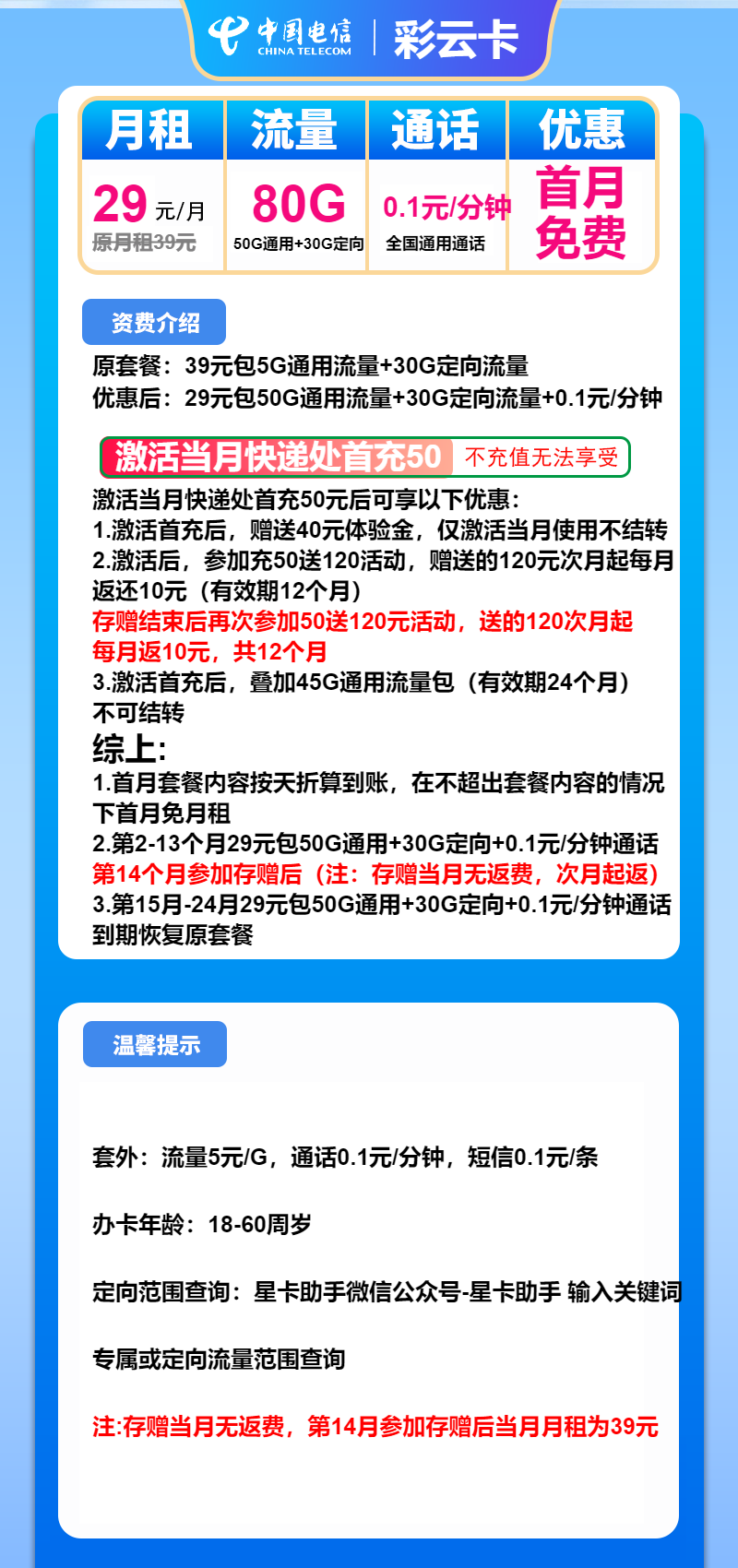 电信彩云卡29元月租包50G通用+30G定向