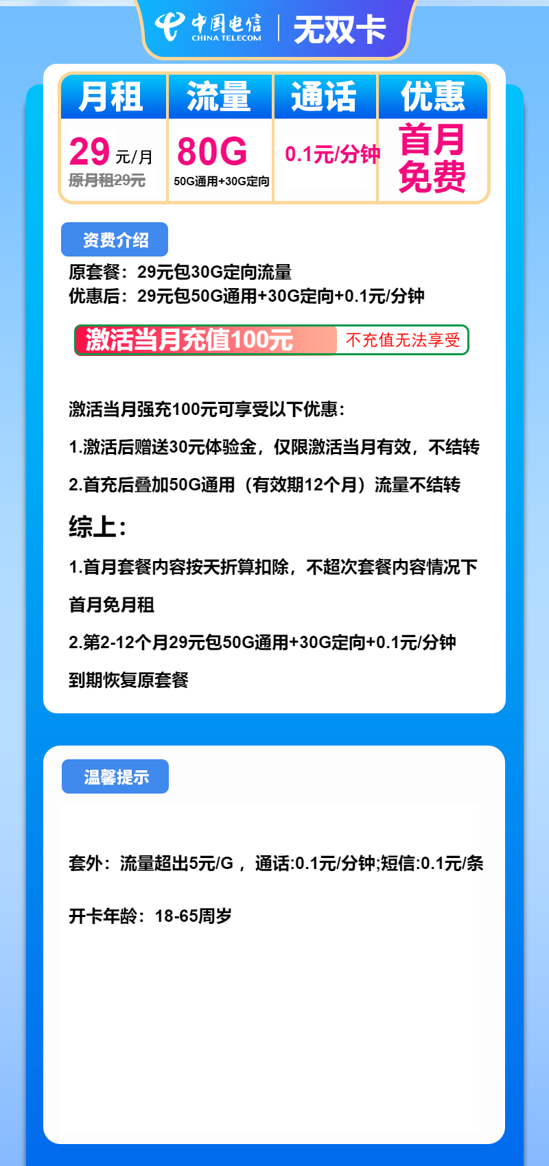 电信无双卡29元月租包50G通用+30G定向