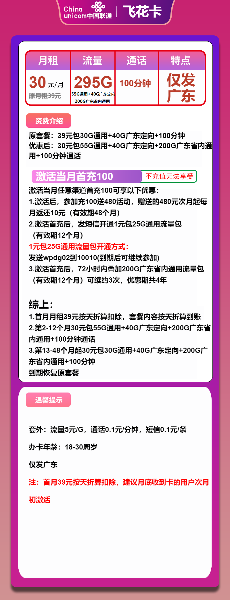 联通飞花卡30元月租包255G通用+40G定向+100分钟通话