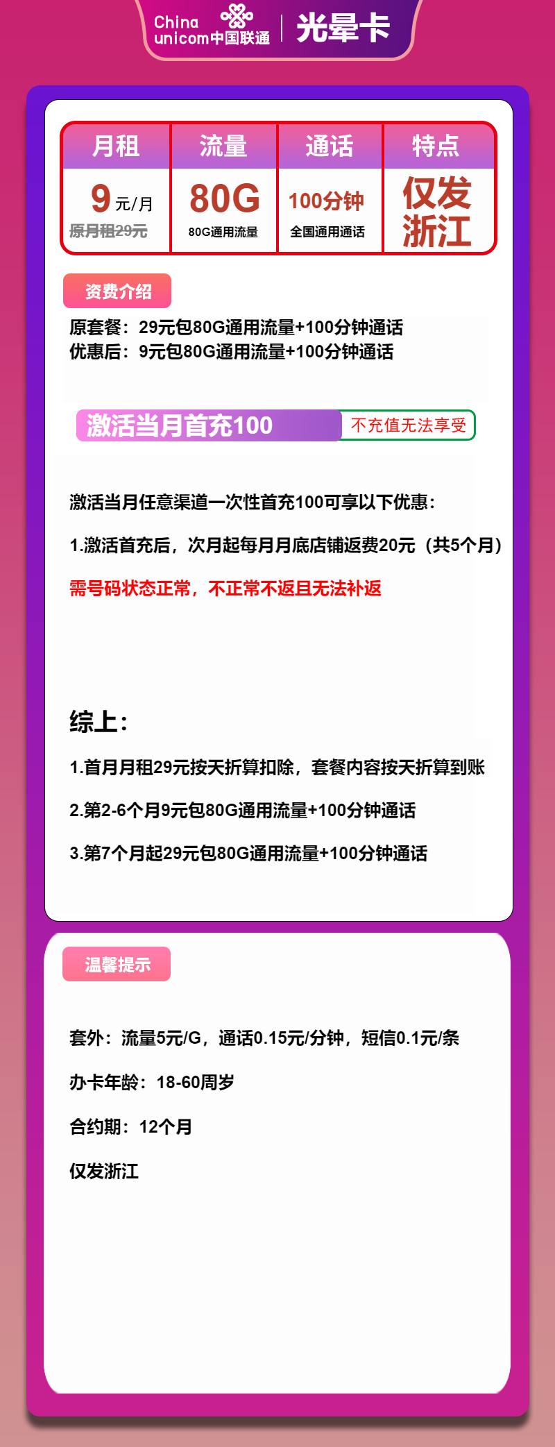 联通光晕卡8元月租包80G通用+100分钟通话