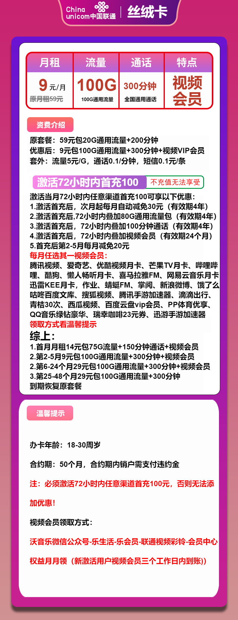 联通丝绒卡9元月租包100G通用+300分钟通话+会员权益