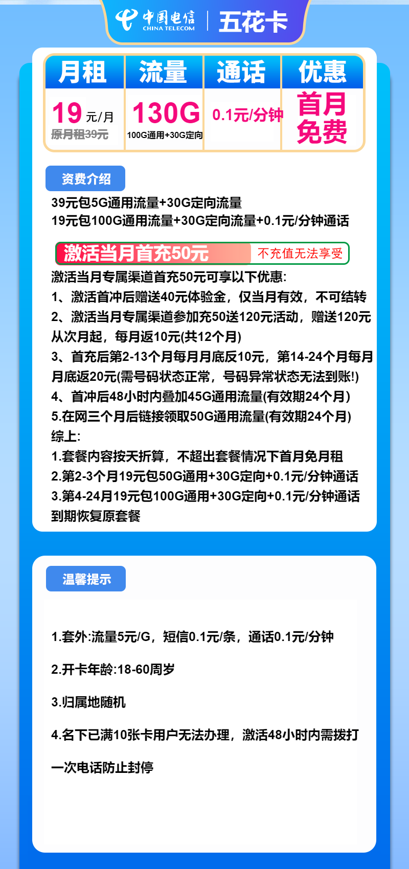 电信五花卡19元月租包100G通用+30G定向