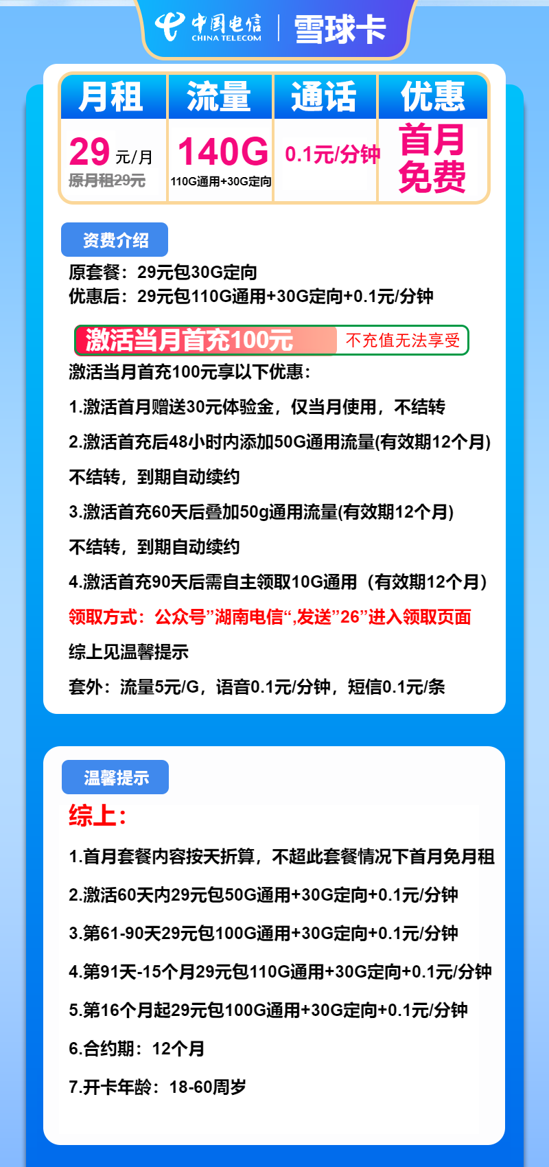 电信雪球卡29元月租包110G通用+30G定向