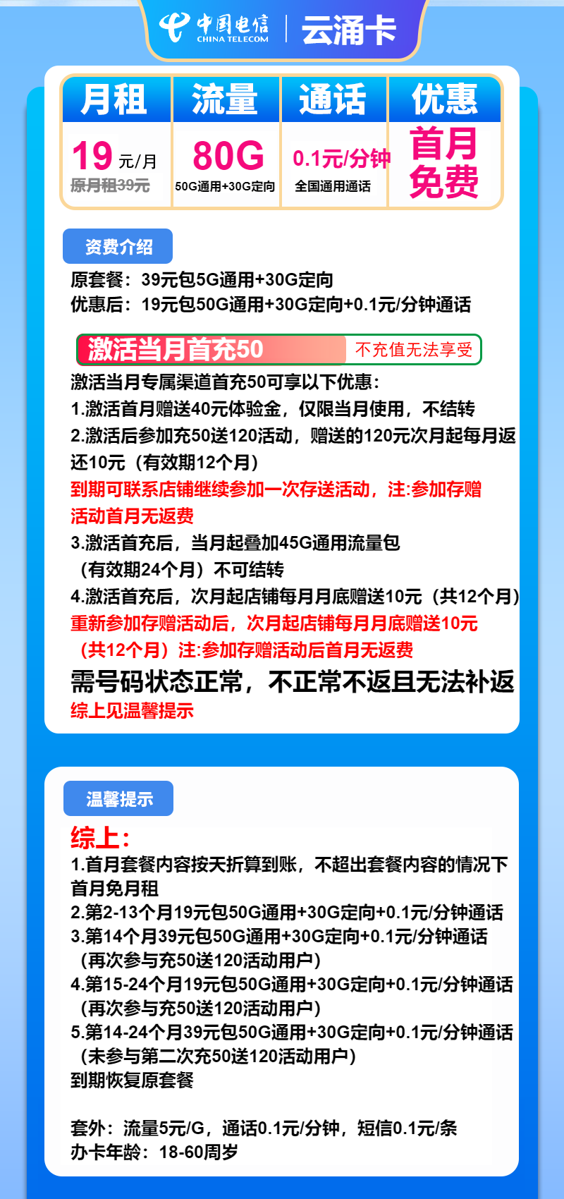 电信云涌卡19元月租包50G通用+30G定向