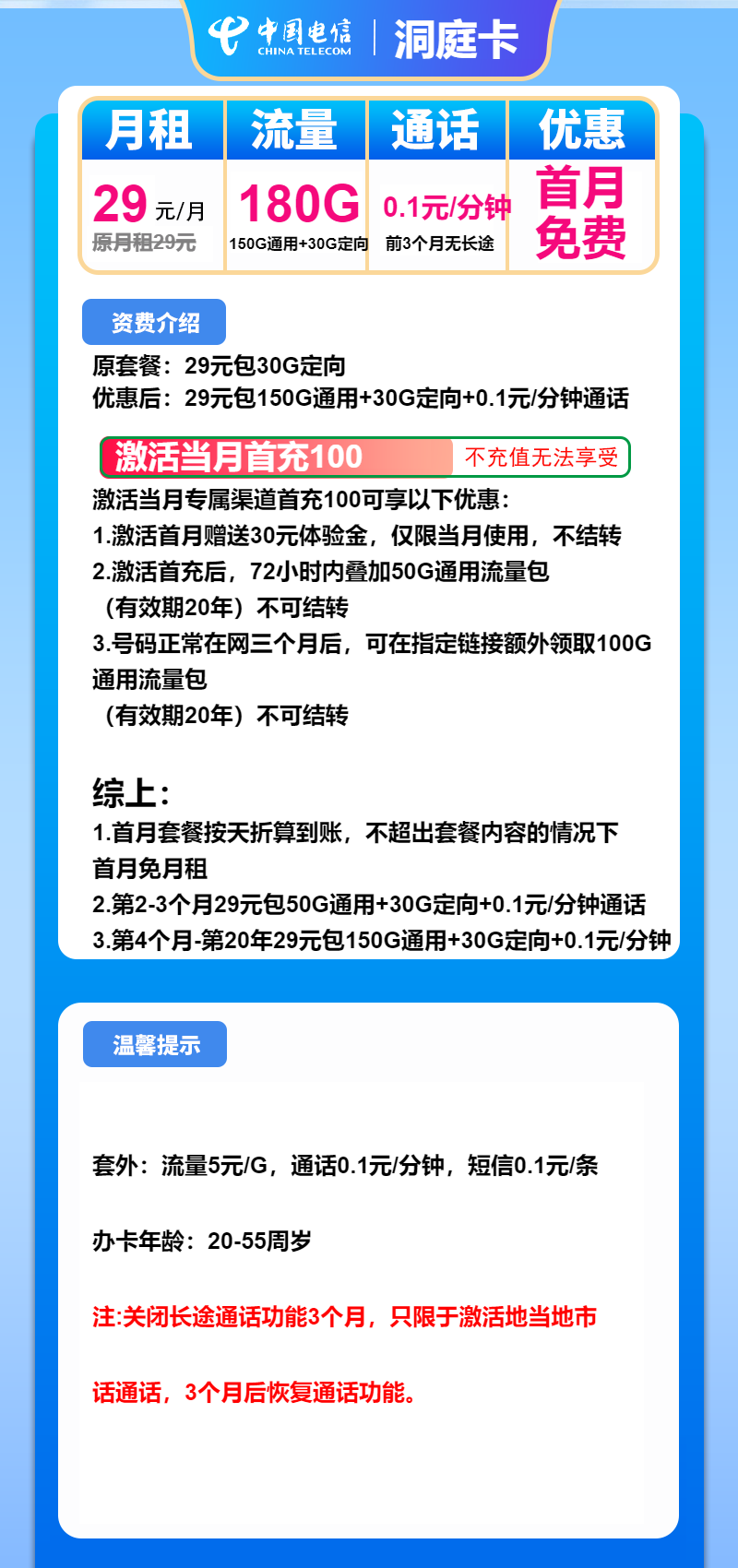 电信洞庭卡29元月租包150G通用+30G定向