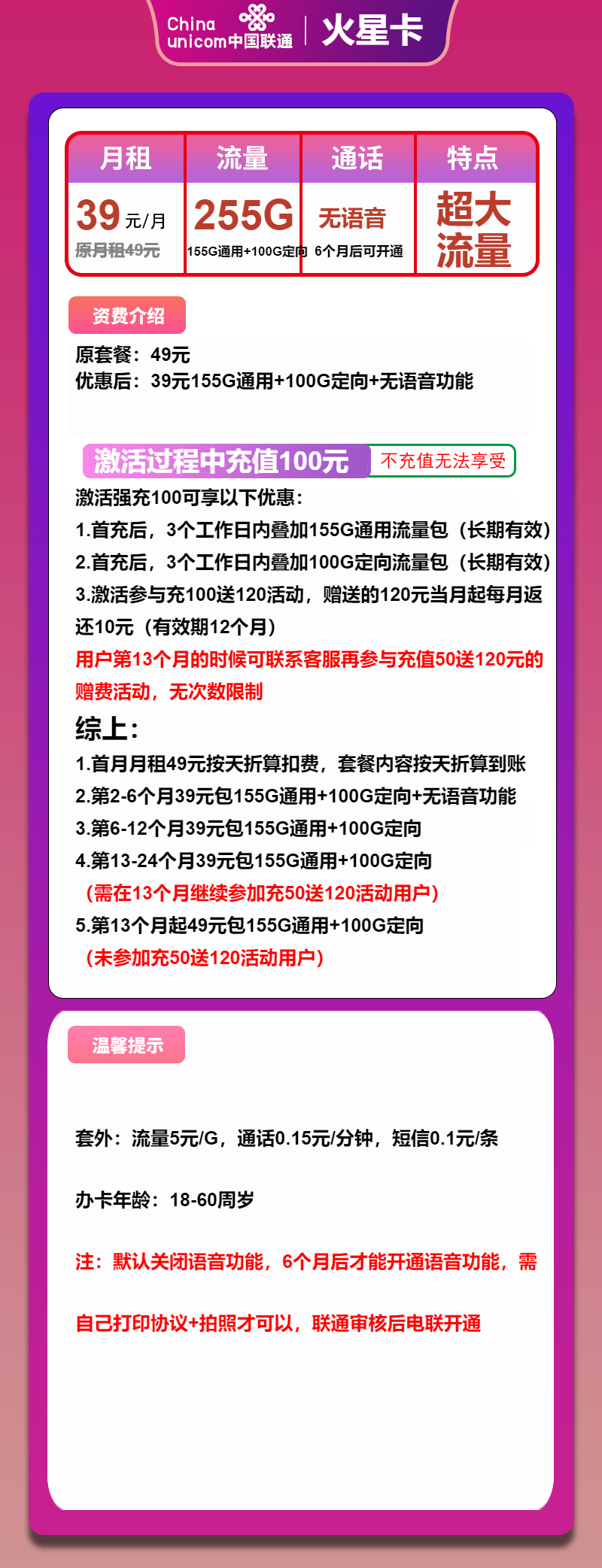 联通火星卡39元月租包155G通用+100G定向