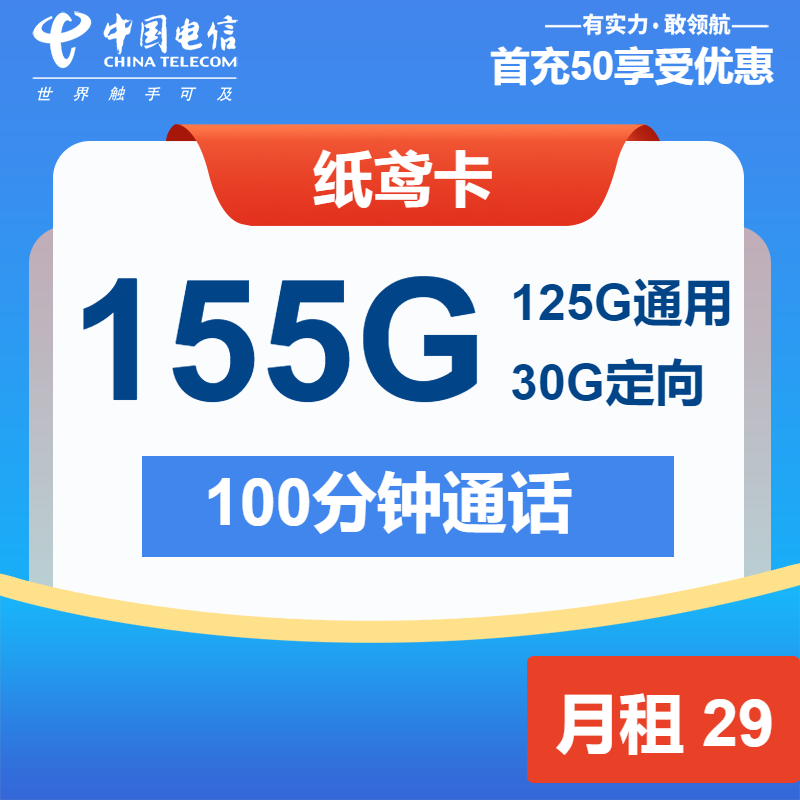 电信纸鸢卡29元月租包125G通用+30G定向+100分钟通话