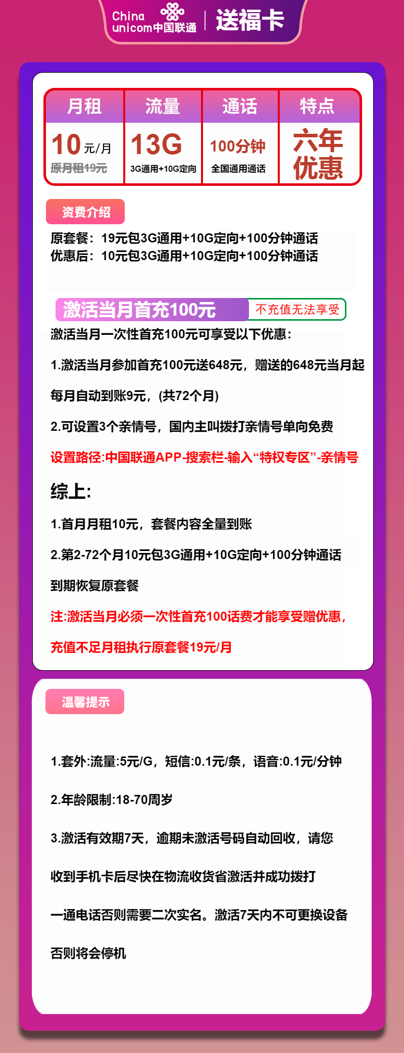 联通送福卡10元月租包3G通用+10G定向+100分钟通话