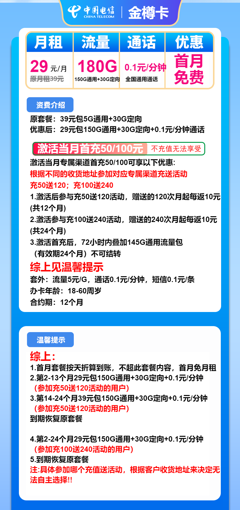 电信金樽卡29元月租包150G通用+30G定向