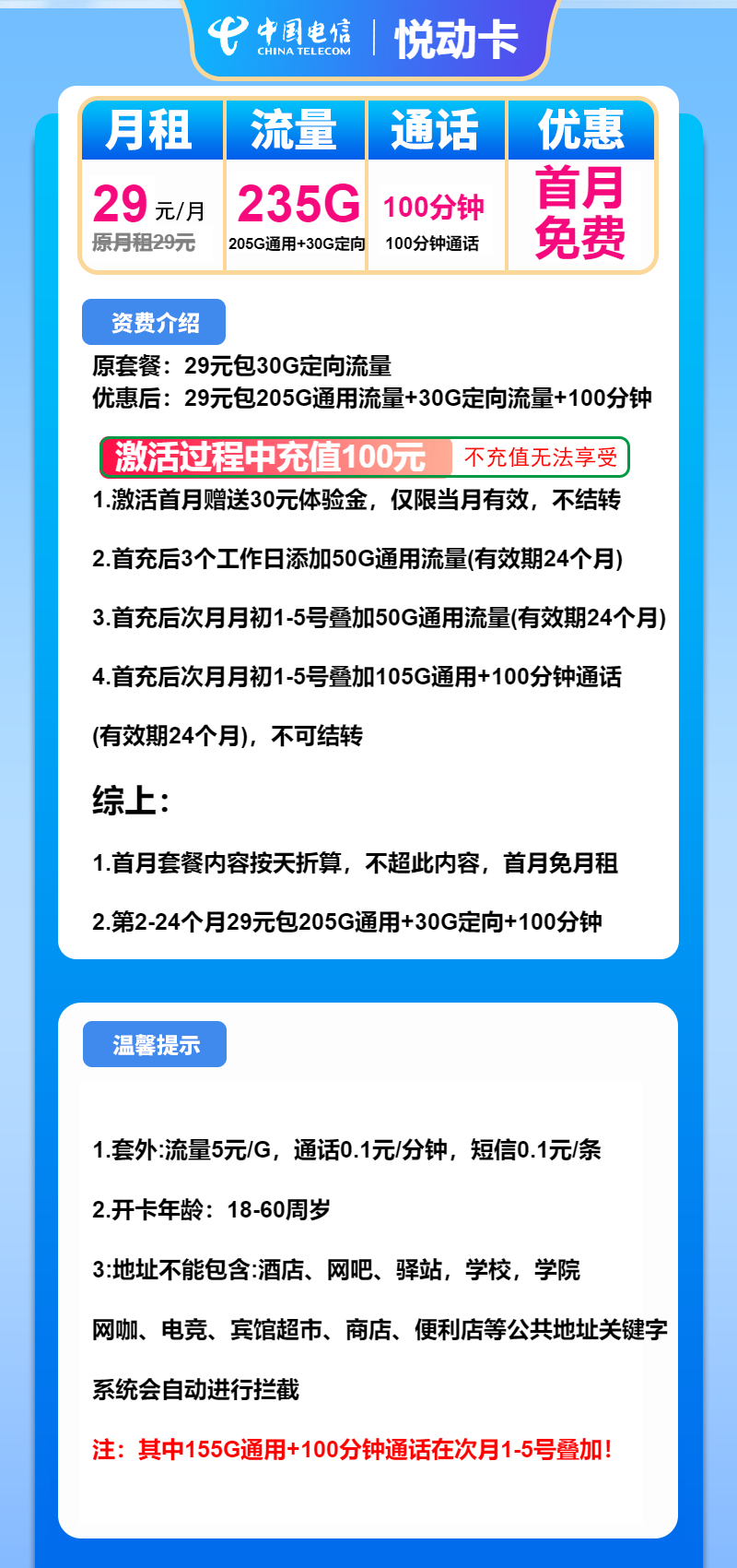 电信悦动卡29元月租包205G通用+30G定向+100分钟通话