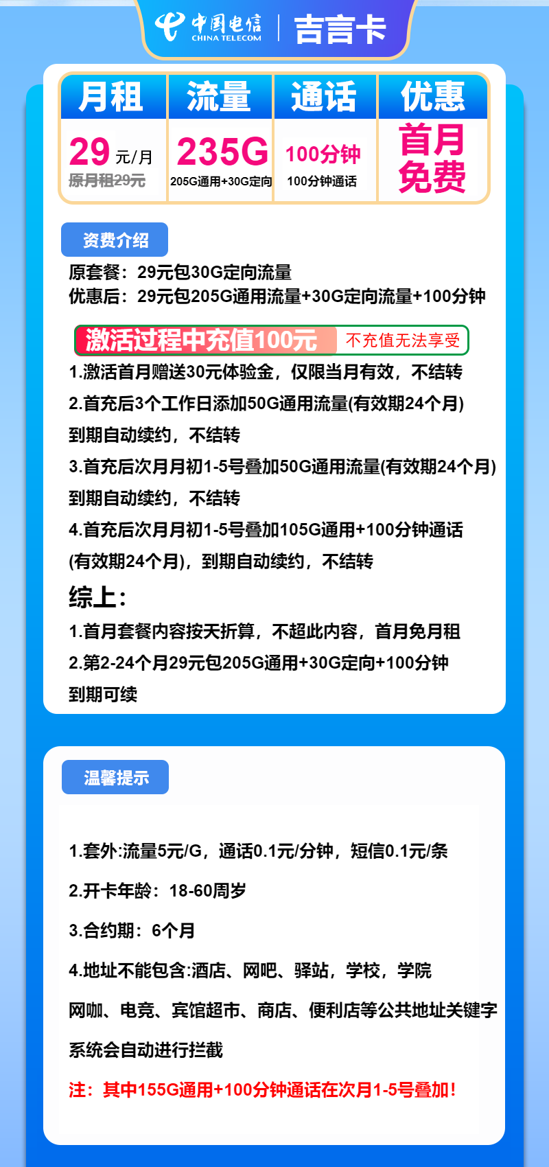 电信吉言卡29元月租包205G通用+30G定向+100分钟通话