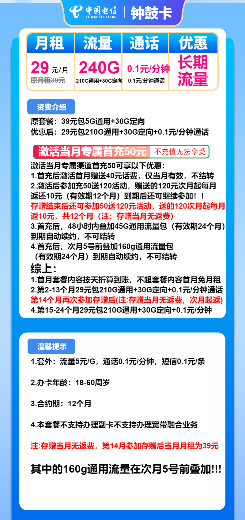 电信钟鼓卡29元月租包210G通用+30G定向