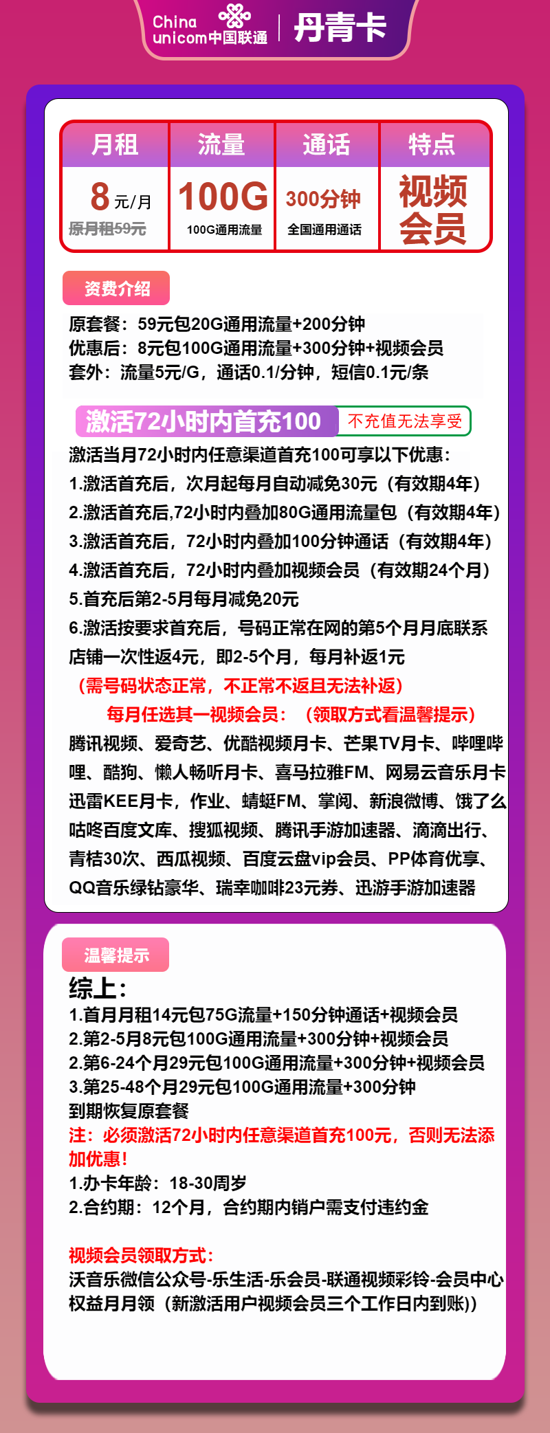 联通丹青卡8元月租包100G通用+300分钟通话+会员权益