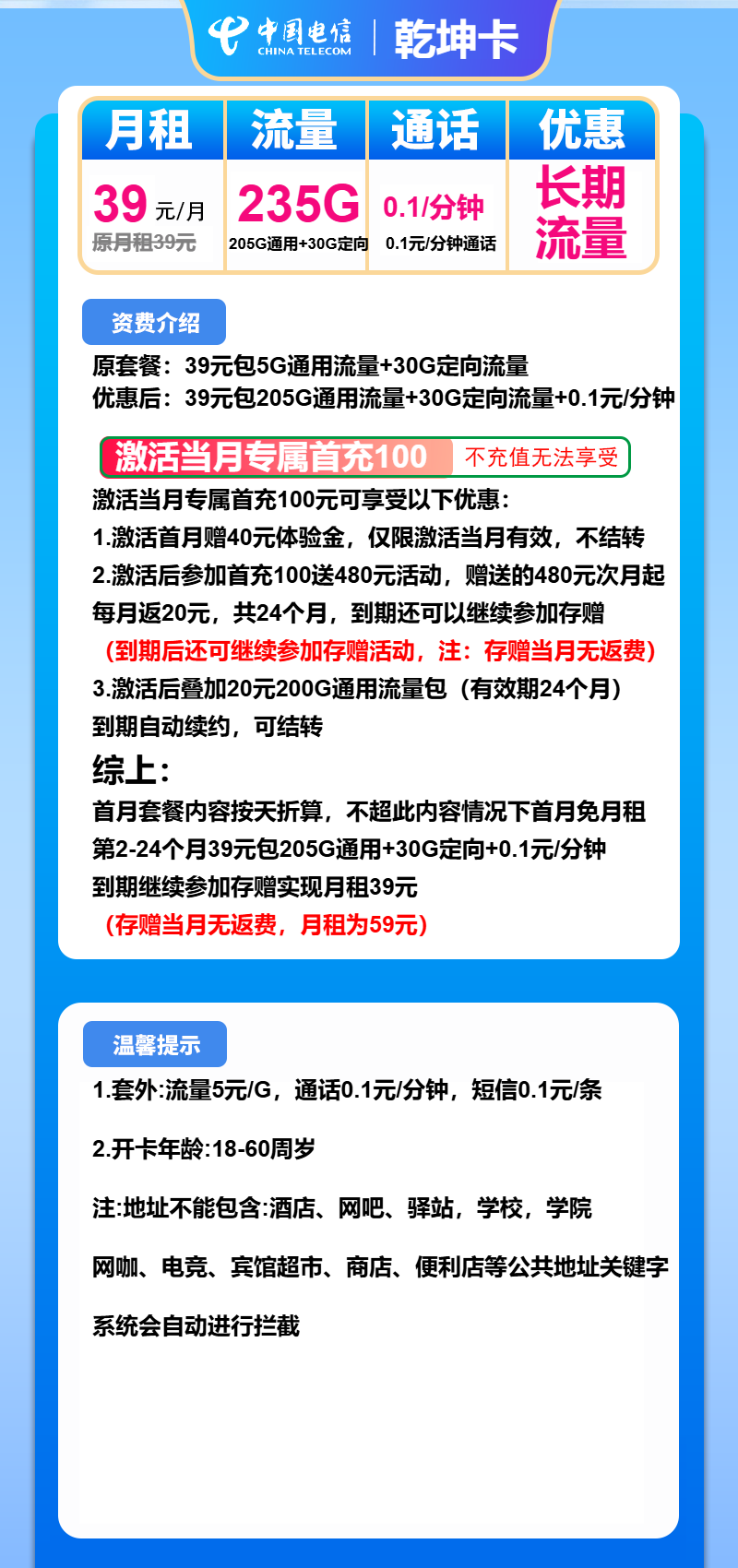电信乾坤卡39元月租包205G通用+30G定向