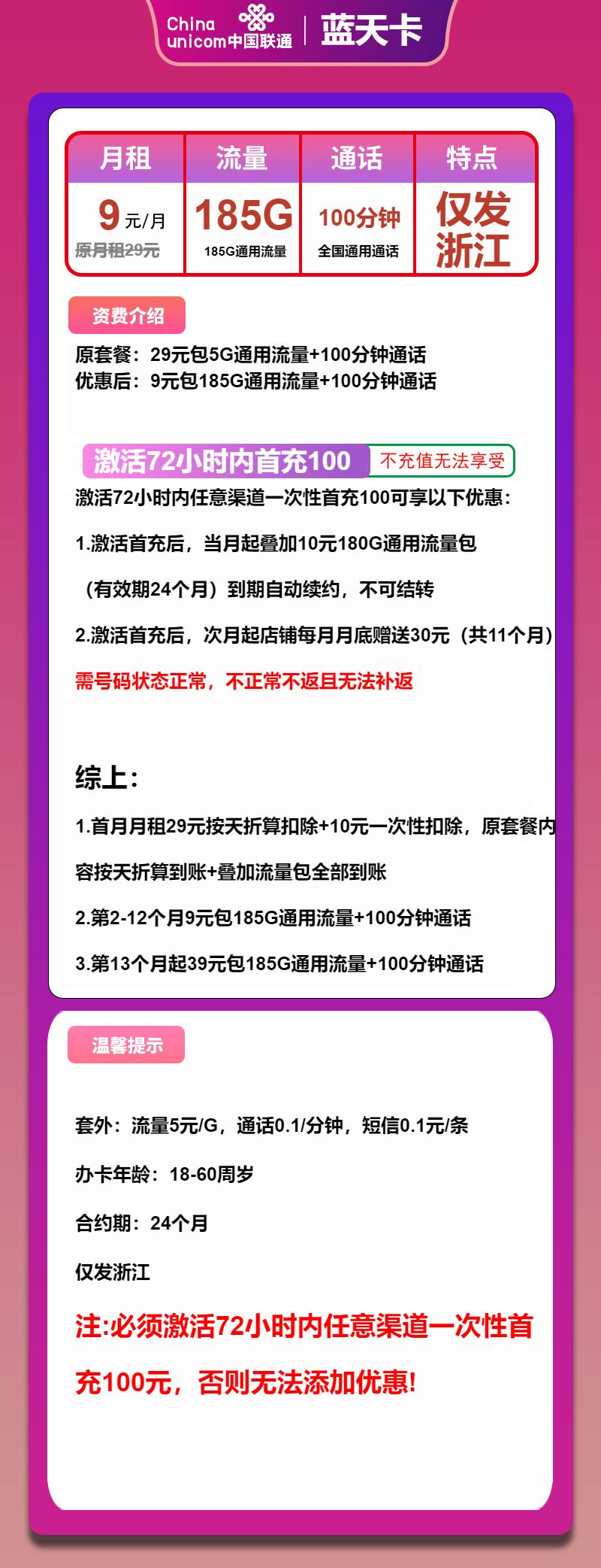 联通蓝天卡9元月租包185G通用+100分钟通话