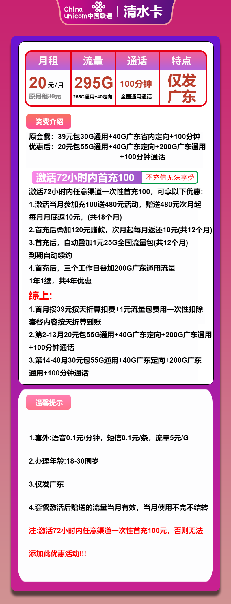 联通清水卡20元月租包255G通用+40G定向+100分钟通话